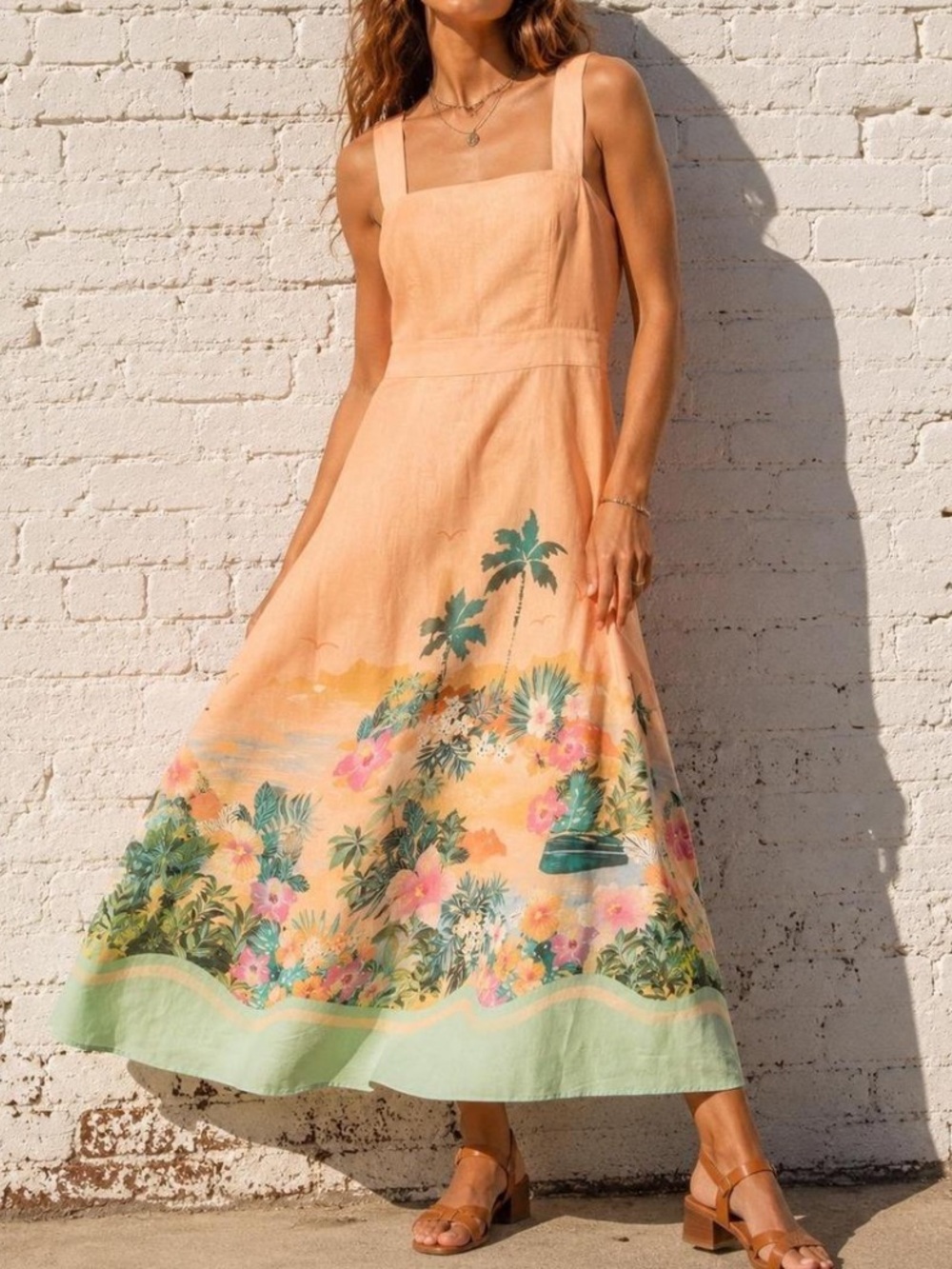 NWT Talbots Peach Dress with Tropical Scene- Stunning! Linen/Cotten Blend.